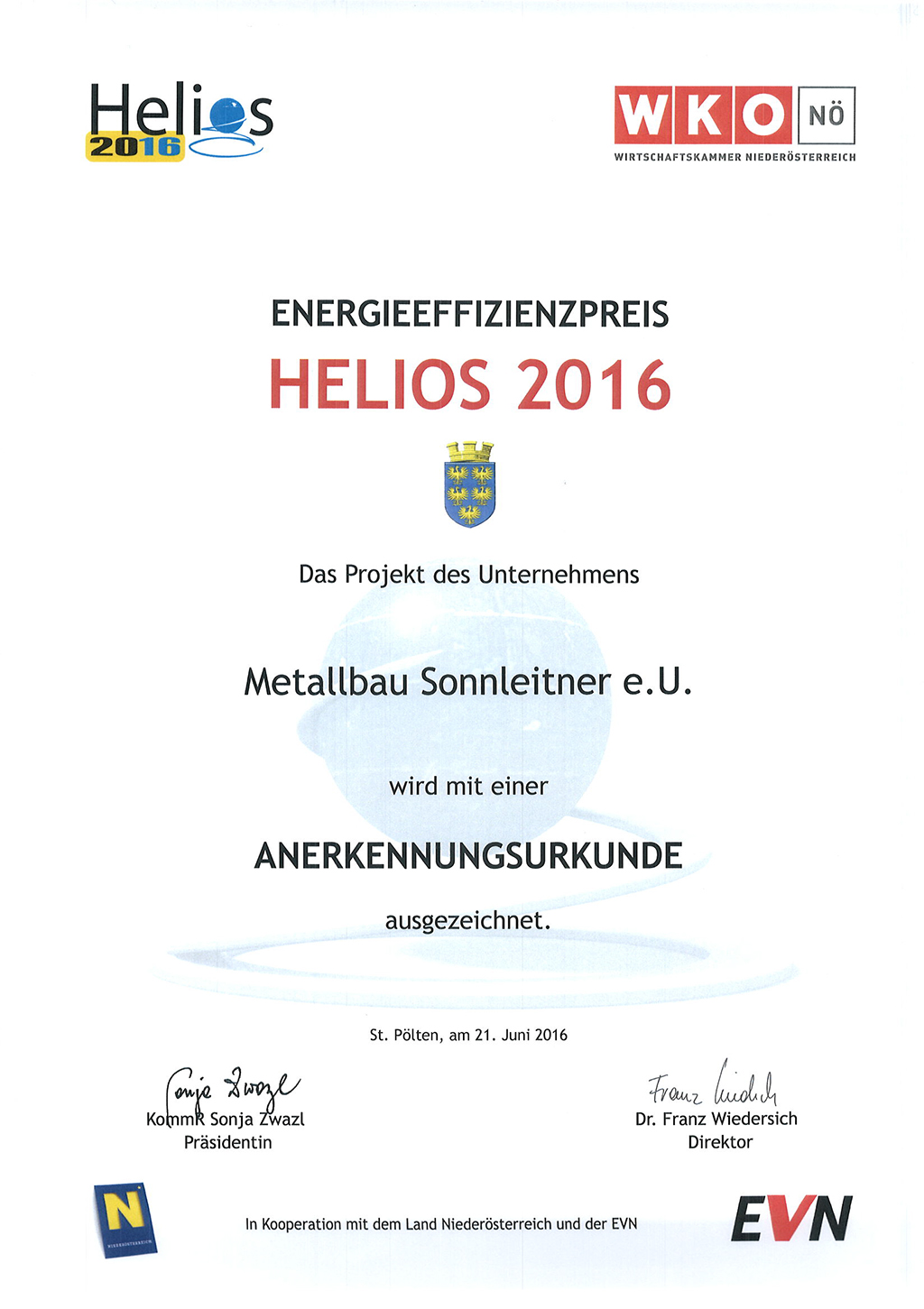 Anerkennungsurkunde HELIOS